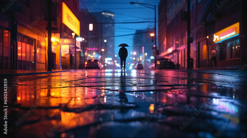 An abstract cityscape at night with neon lights, reflections on a wet street, and a blurry silhouette of a person walking alone. generative ai.