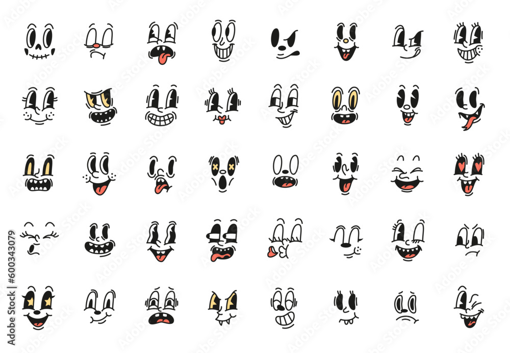 Comic retro faces. Vintage toons, different characters with expressive emotions, old style cartoons, funny mascot characters, rubber mascot face with eyes and quirky mouths, tidy vector set