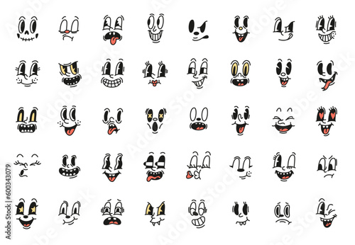 Comic retro faces. Vintage toons  different characters with expressive emotions  old style cartoons  funny mascot characters  rubber mascot face with eyes and quirky mouths  tidy vector set