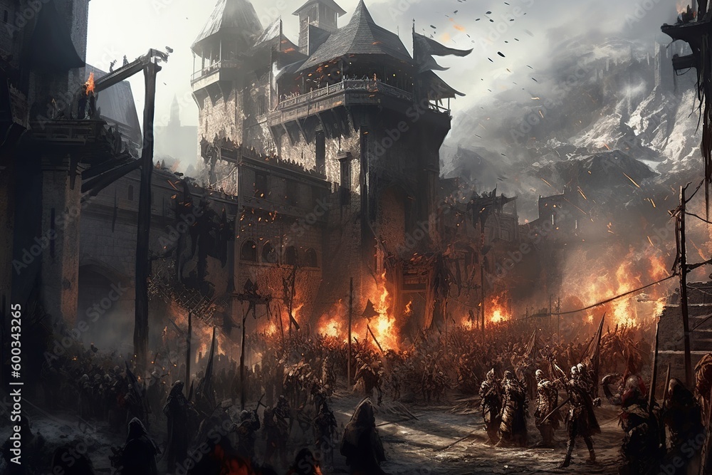 Medieval castle under siege created by AI - obrazy, fototapety, plakaty 