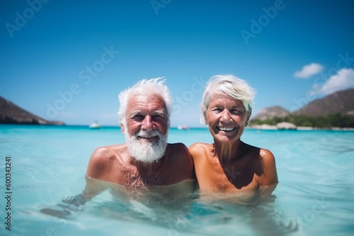 Old couple on the beach. Created with generative Ai technology. © uladzimirzuyeu