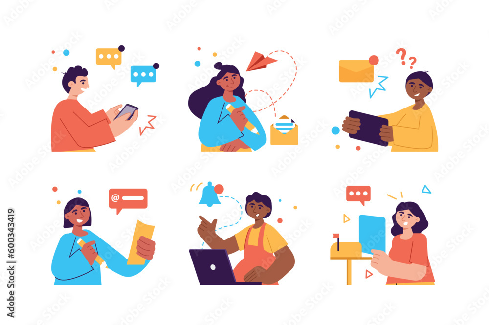 Mail set color concept with people scene in the flat cartoon design. Young people communicate with each other by sending letters by post or email. Vector illustration.
