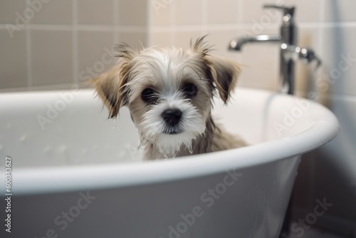 Baby dog in a bathtub in the bathroom, Generative Ai