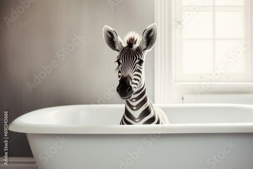 Baby zebra in a bathtub in the bathroom, Generative Ai