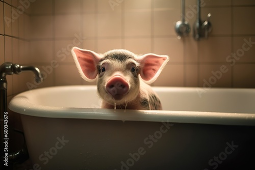 Baby Pig in a bathtub in the bathroom, Generative Ai
