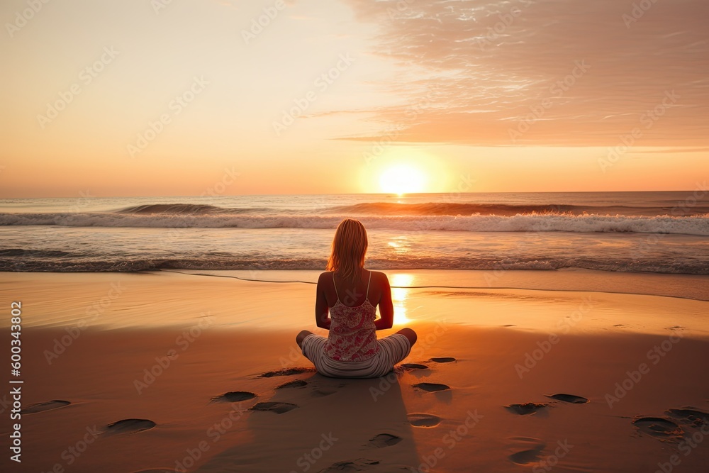 Young woman does yoga for healthy lifestyle on sea beach in sunset. Generative AI