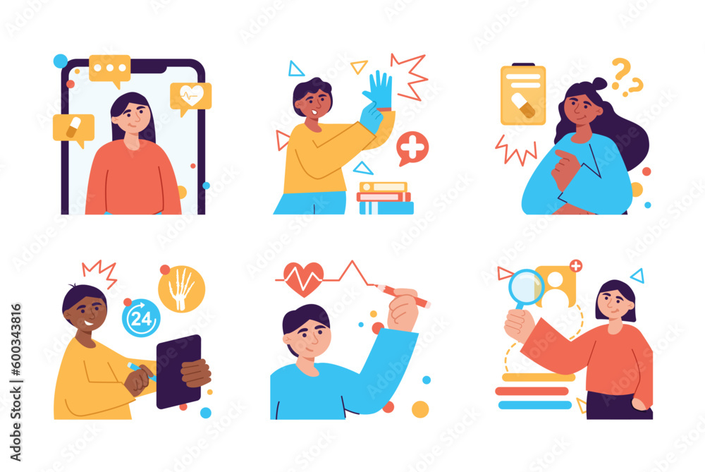 Doctor appointment set color concept with people scene in the flat cartoon design. Doctor prescribes appointments to patients that will help them in their treatment. Vector illustration.