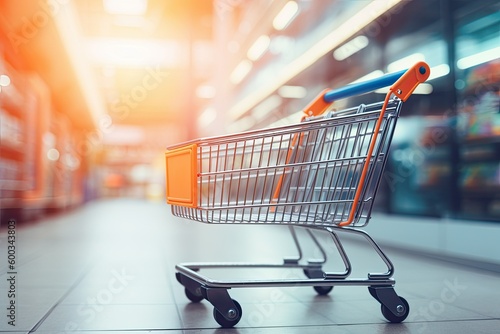 Wallpaper Mural Supermarket aisle with empty orange shopping cart. Shopping concept. Close-up. Generative AI Torontodigital.ca