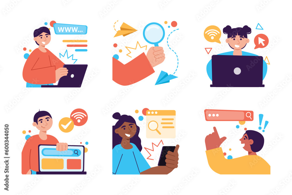 Surfing internet set color concept with people scene in the flat cartoon design. Boys and girls are looking for important information on the Internet. Vector illustration.