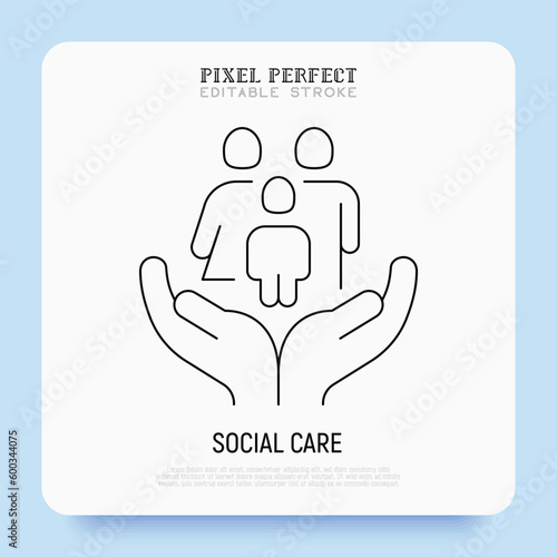Social care, family with child in hands. Health insurance, charity, donation. Thin line icon, editable stroke. Vector illustration.