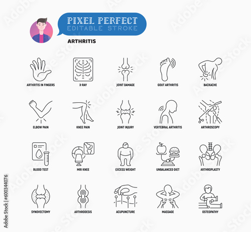 Arthritis thin line icons set: joint damage, gout arthritis, backache, elbow pain, arthroscopy, blood test, MRI knee, excess weight, arthroplasty, synovectomy. Vector illustration, editable stroke.