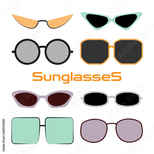 Sunglasses collection in cartoon style. Vector summer sun protection sunglasses colorful icon isolated on white