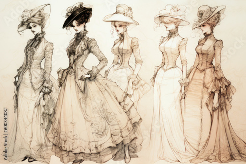 Fashion Book, blending ink pen sketches & watercolor, revealing Victorian Era design concepts. Dive into style, patterns, & haute couture with vivid illustrations & designer insights. Generative AI