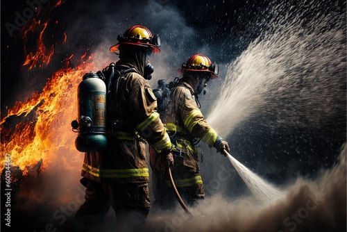 Firefighters in action, big flames, Brave firefighters . Generative Ai