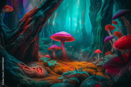 Colorful oil painting of a surreal nature scene for indoor decor. Generative AI