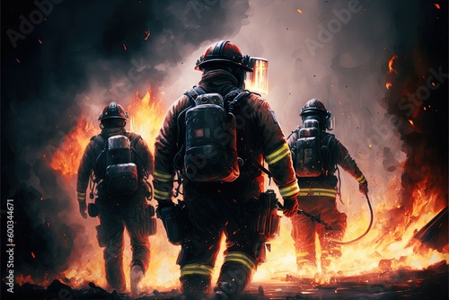 Firefighters in action, big flames, Brave firefighters . Generative Ai
