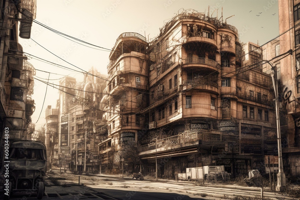 Sketch art of a contemporary metropolis in decay. Suitable for creative stimulation. Generative AI