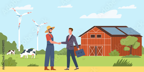 Farmer and businessman shake hands, agree to supply organic products. Countryside summer landscape, eco vegetables and meat produce. Cartoon flat style isolated vector business concept