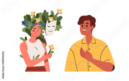 Sad woman pretending happy, everything is okay. Unhappy person hiding real up...