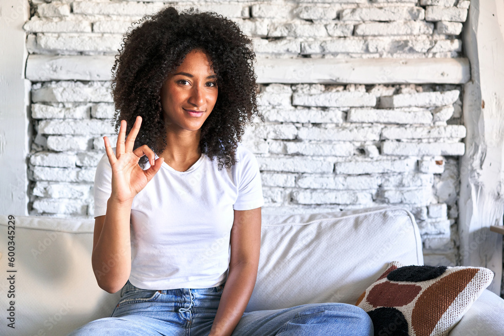 A young african american woman sitting on her sofa cheerful and confident showing ok gesture. A young african american woman sitting on her sofa cheerful and confident showing ok gesture.