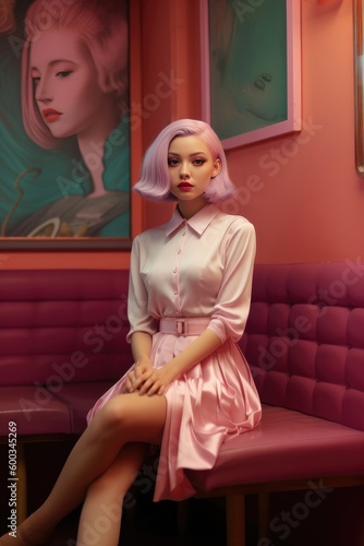 Photo of a woman sitting on a bench wearing a pink dress. Generative AI. Retro pastel 60s look. Retro cafe from the 60s.