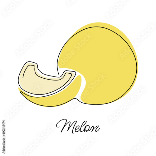 Vector illustration of melon with lettering. Continuous drawing with one line. Vector illustration. Black line on a white background with colored spots
