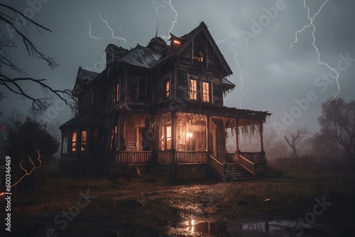 A creepy, haunted house lit up by lightning. Made technologically. Generative AI