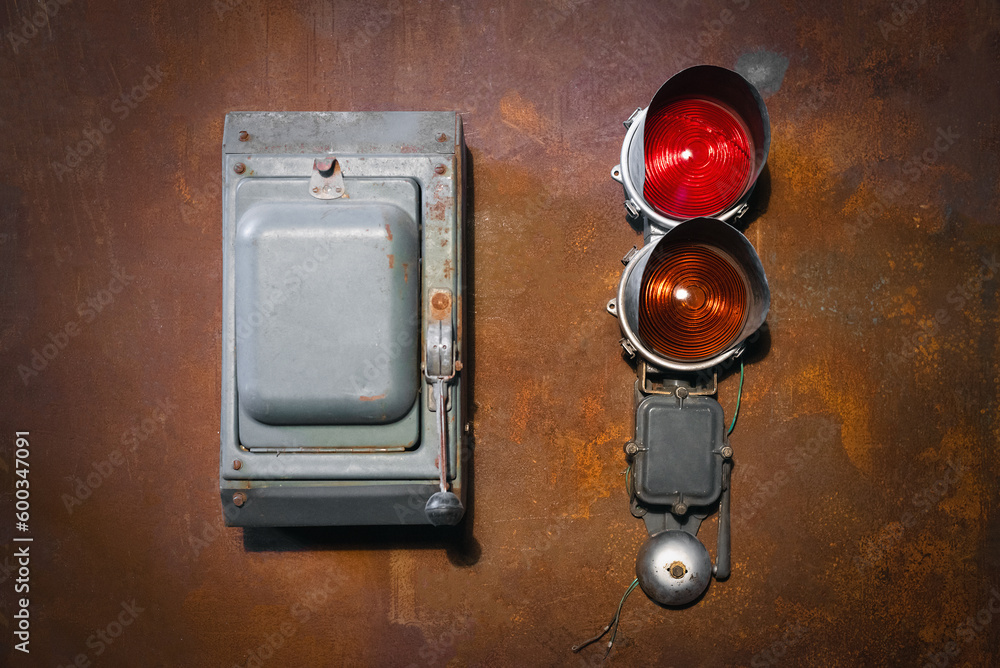 Rusty Trafic Light Old railroad traffic light and electric knife switch on the rusty metal ...