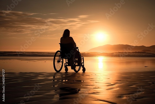 silhouette of a person on a wheelchair at a beach