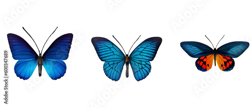 Set of the blue butterflies in pastel colours isolated on white background. Blue  yellow  pink and ivory butterfly spring illustration. Generative ai.