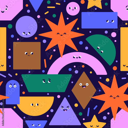 Cute geometric shapes, seamless pattern. Cute funny faces, emotions of geomet...