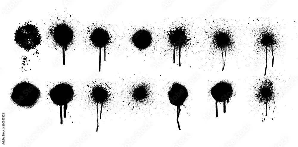 Set of spray paint elements isolated on white background, lines and drips black ink splatters, Ink blots set. Vector Street style. Collection of graffiti spray banner. Spray paint shapes with smudges. - obrazy, fototapety, plakaty 