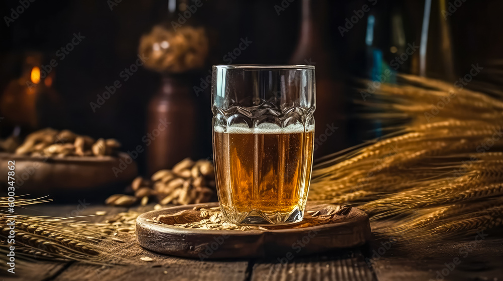 Glass of beer with wheat on wooden background. Ai generated Glass of beer with wheat on wooden background. Ai generated