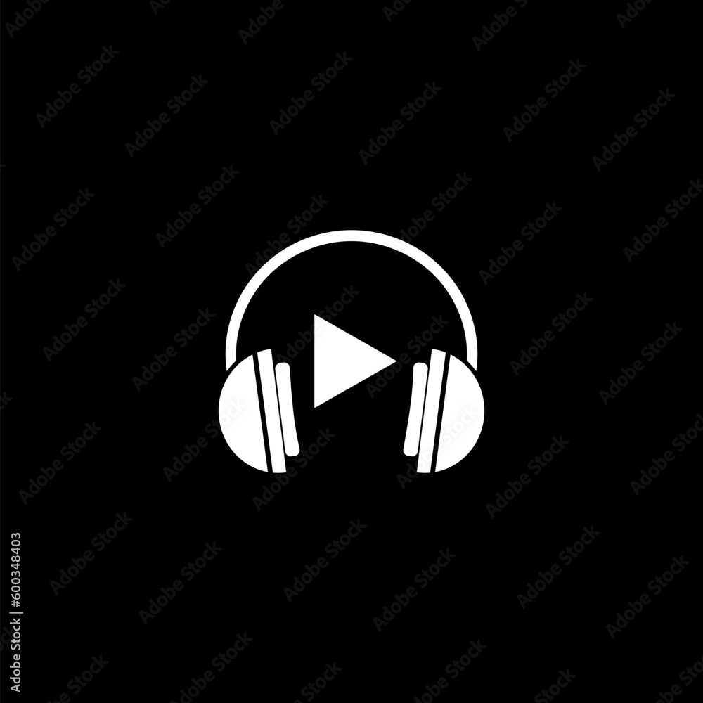 Headset frame with music note sign play icon isolated on black background Headset frame with music note sign play icon isolated on black background