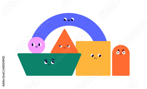 Cute geometric shapes, creative team. Funny partners figures with diverse emo...