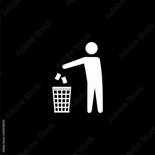Man throws garbage into the trash icon isolated on black background