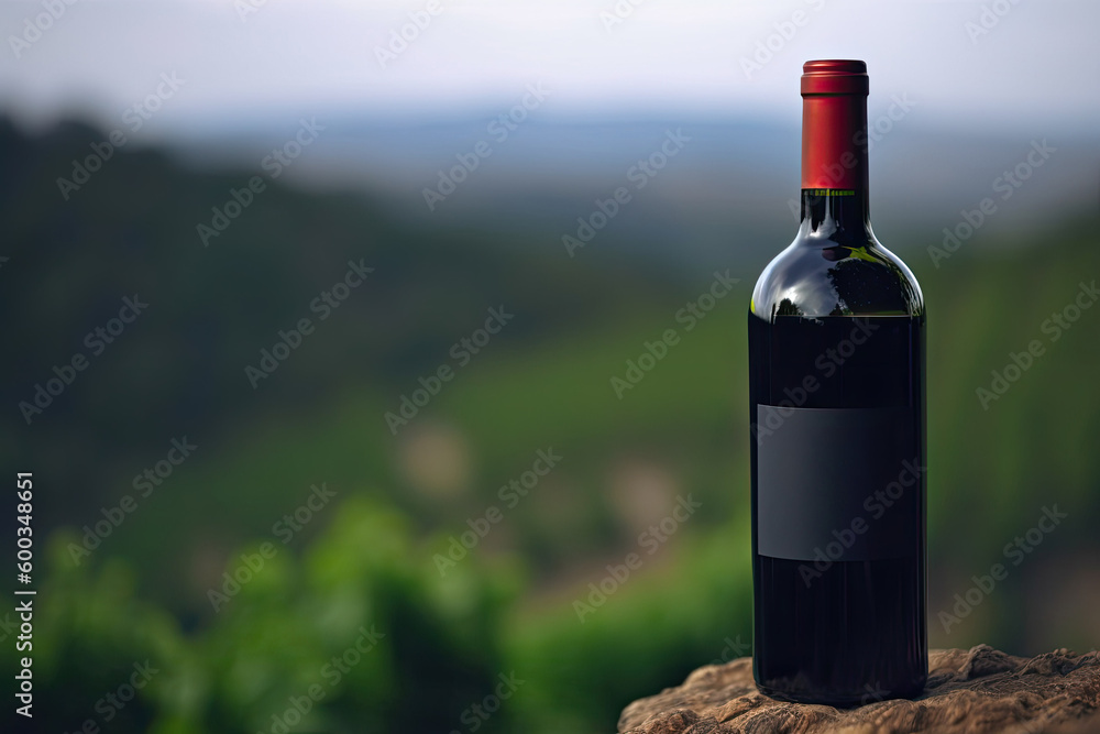 Bottle of red wine close-up on the background of vineyards. Generative AI