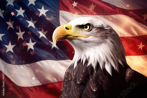 Bald eagle portrait on the USA flag background. Independence Day concept. Generative AI