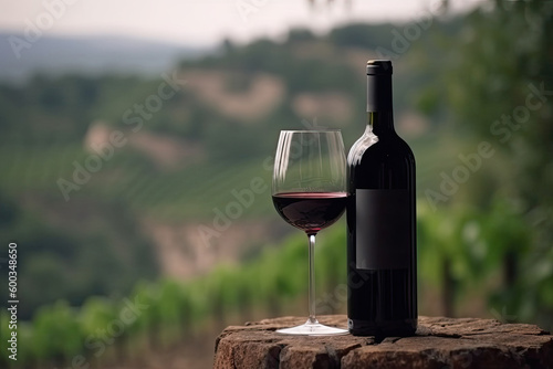 Wooden tabletop with bottle and wine glasses, blurred vineyard in the background. Generative AI