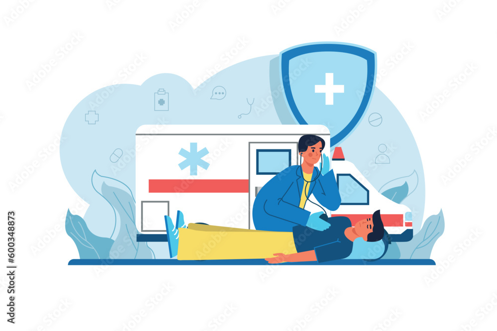 Medicine blue concept Ambulance with people scene in the flat cartoon style. An ambulance arrived on call to help the person. Vector illustration.