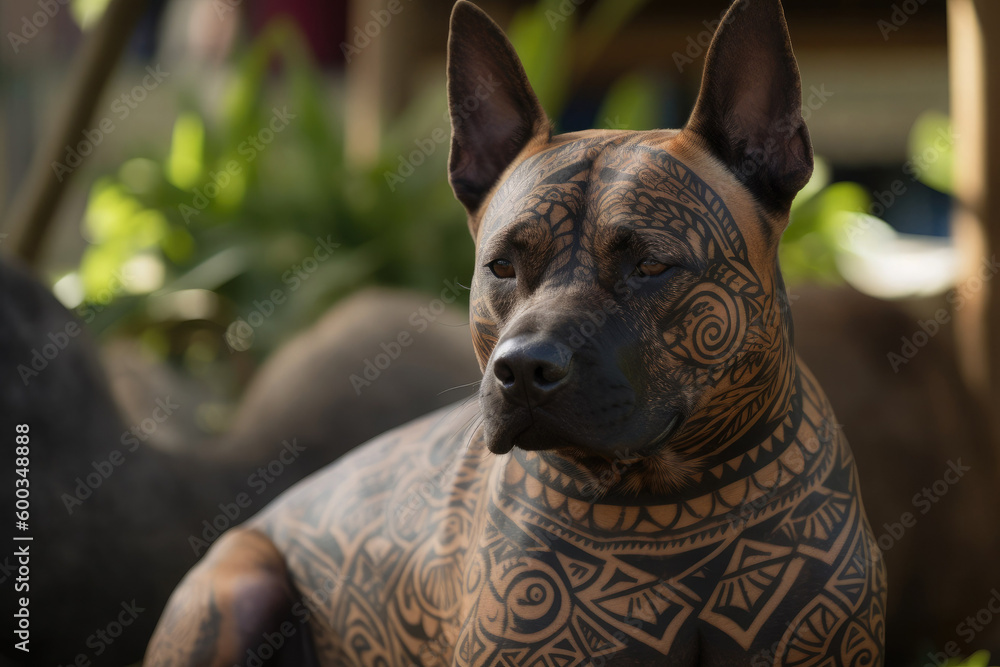 Pitbull dog in hawaiian style tattoos. Generative AI Stock Illustration ...