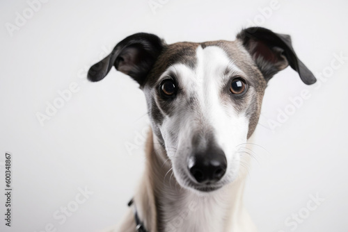 Selfie portrait of Whippet dog in studio on white background. Generative AI