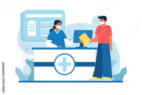 Medicine blue concept Reception at the hospital with people scene in the flat cartoon style. The patient came to the hospital reception to ask about a doctor's appointment. Vector illustration.
