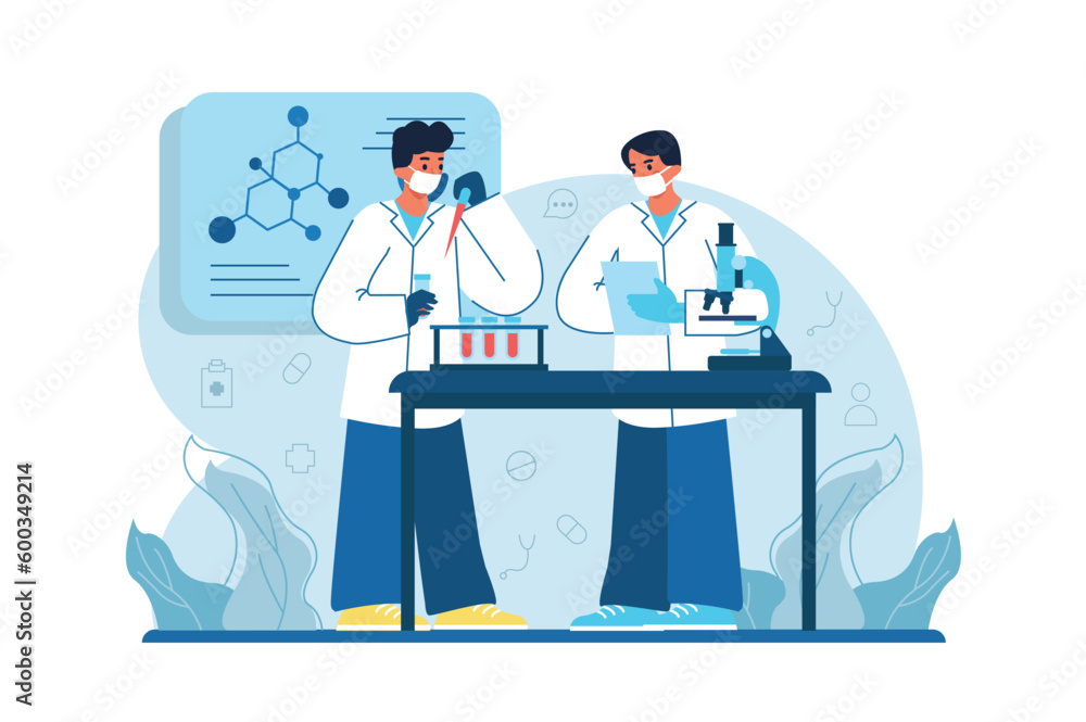 Medicine blue concept Hospital laboratory with people scene in the flat cartoon design. Hospitals research new drugs in a chemistry lab. Vector illustration.