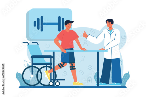 Rehabilitation medicine blue concept with people scene in the flat cartoon design. A doctor helps a patient recover from a serious illness. Vector illustration.