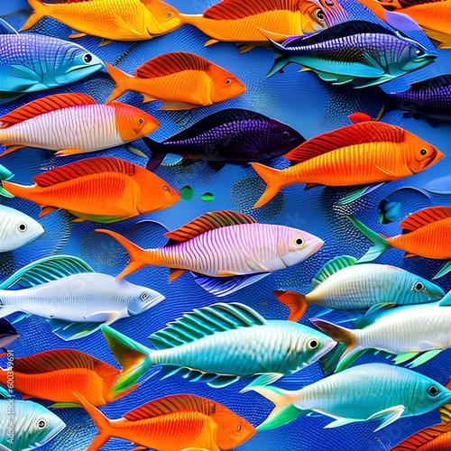 A tessellation of fish in various sizes and colors, swimming in different directions5, Generative AI