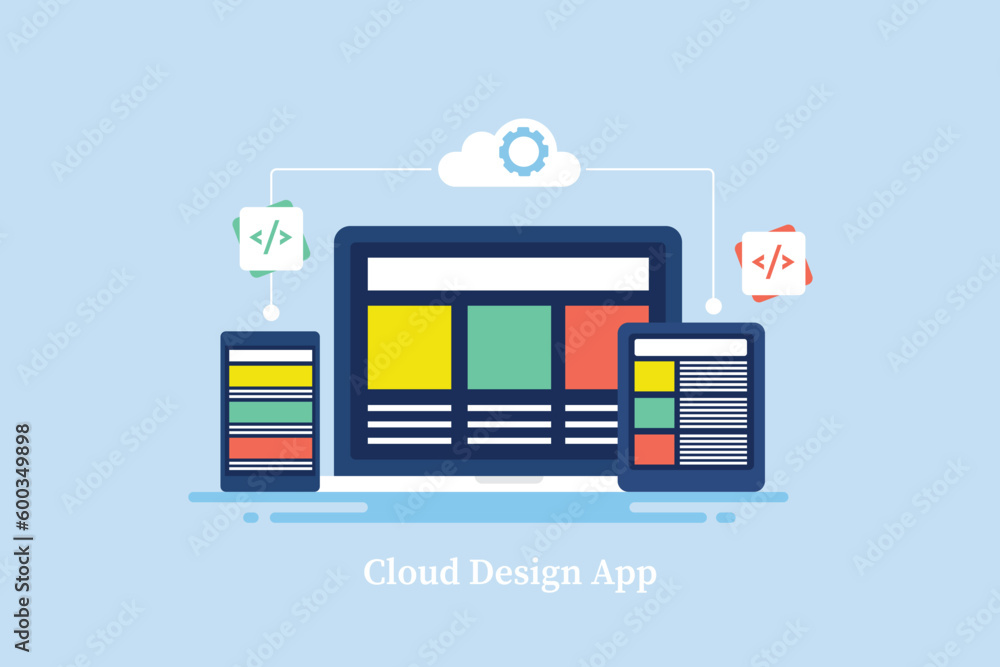 Responsive website design page on multiple device screen hosted on cloud computing technology server system. Vector illustration web banner concept. 