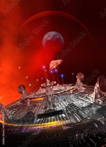 UFO approaching planet, illustration photo
