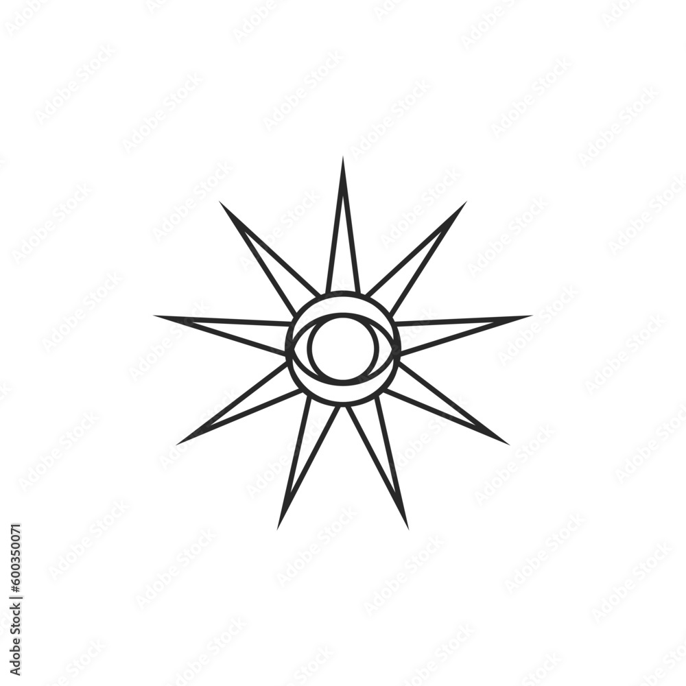 All-seeing eye in the sun vector graphic line art style, Tattoo design element, Esoteric symbol isolated. All-seeing eye in the sun vector graphic line art style, Tattoo design element, Esoteric symbol isolated.