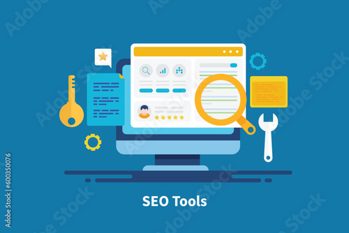 SEO marketing software application tool displaying content and keyword suggestion for search engine ranking development. Vector illustration web banner.